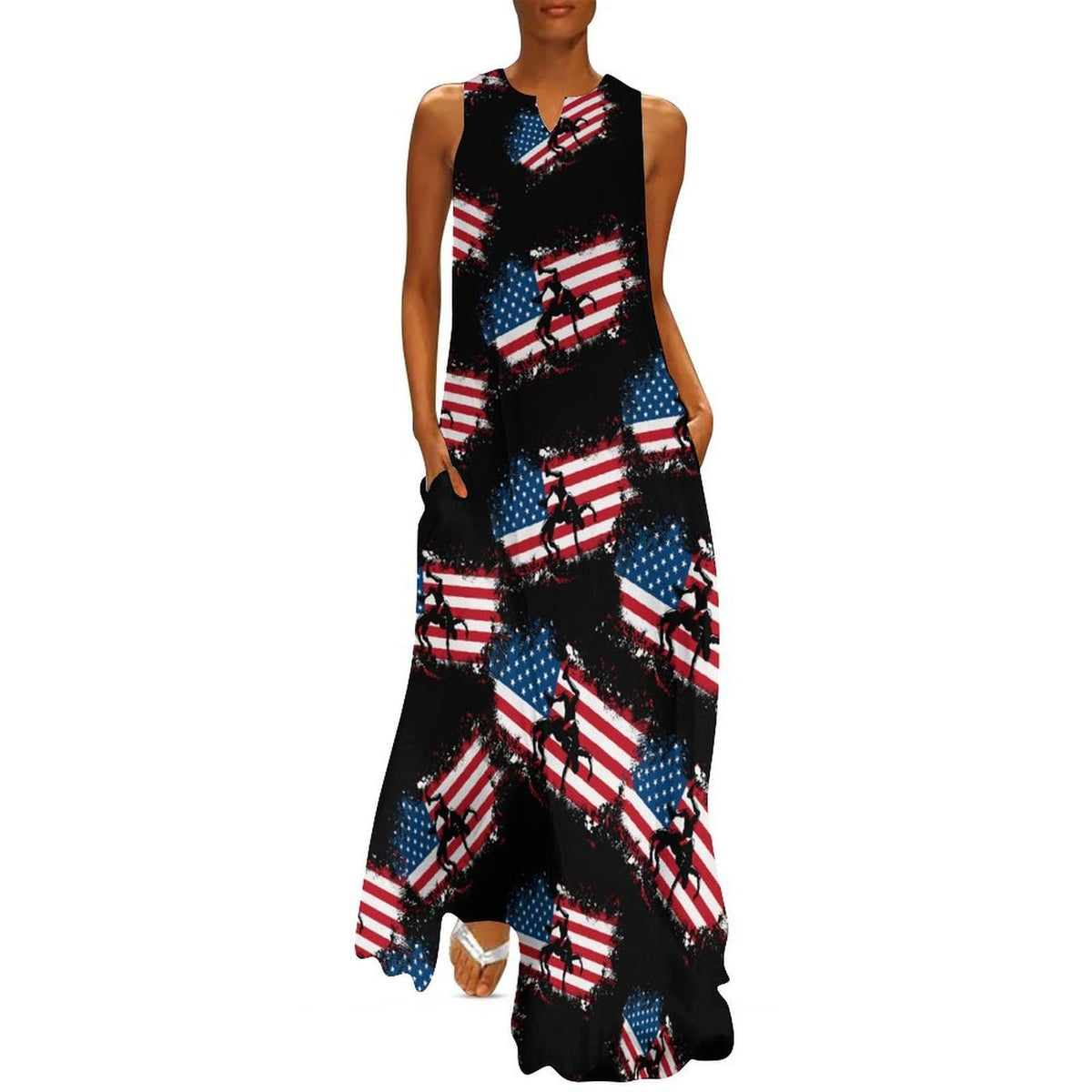 longue d'été sans manches à motif drapeau américain, style décontracté, idéale pour la plage.