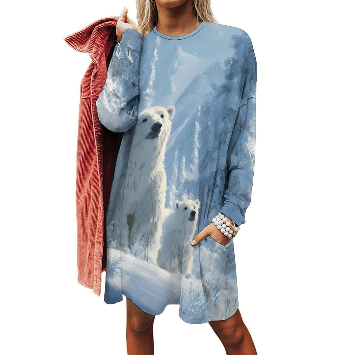 chemise pull oversize à manches longues et col rond pour femme White Bear Family, avec poches